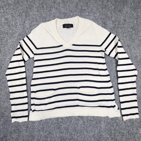 rag & bone Sweaters - Rag & Bone Store Exclusive Striped V-Neck Cotton Cashmere Sweater Ivory Navy S